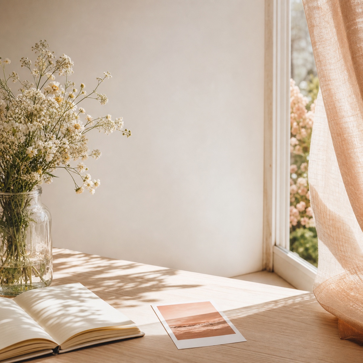 Wildflowers and an open notebook glowing beside a sunlit window