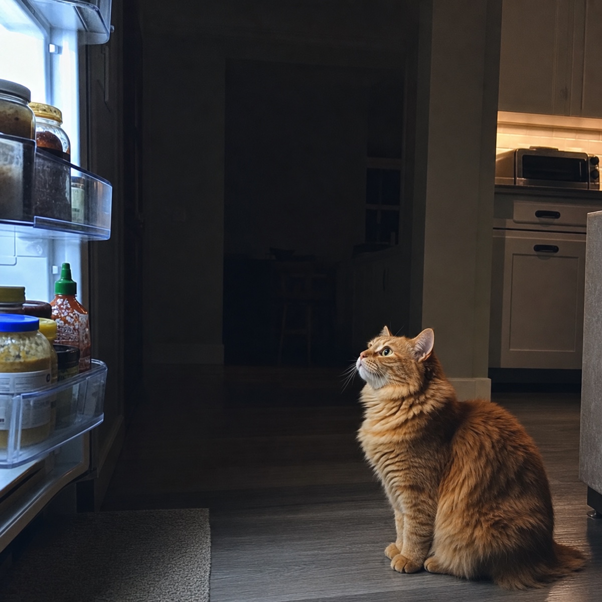 An orange cat waiting beside an open refrigerator late at night