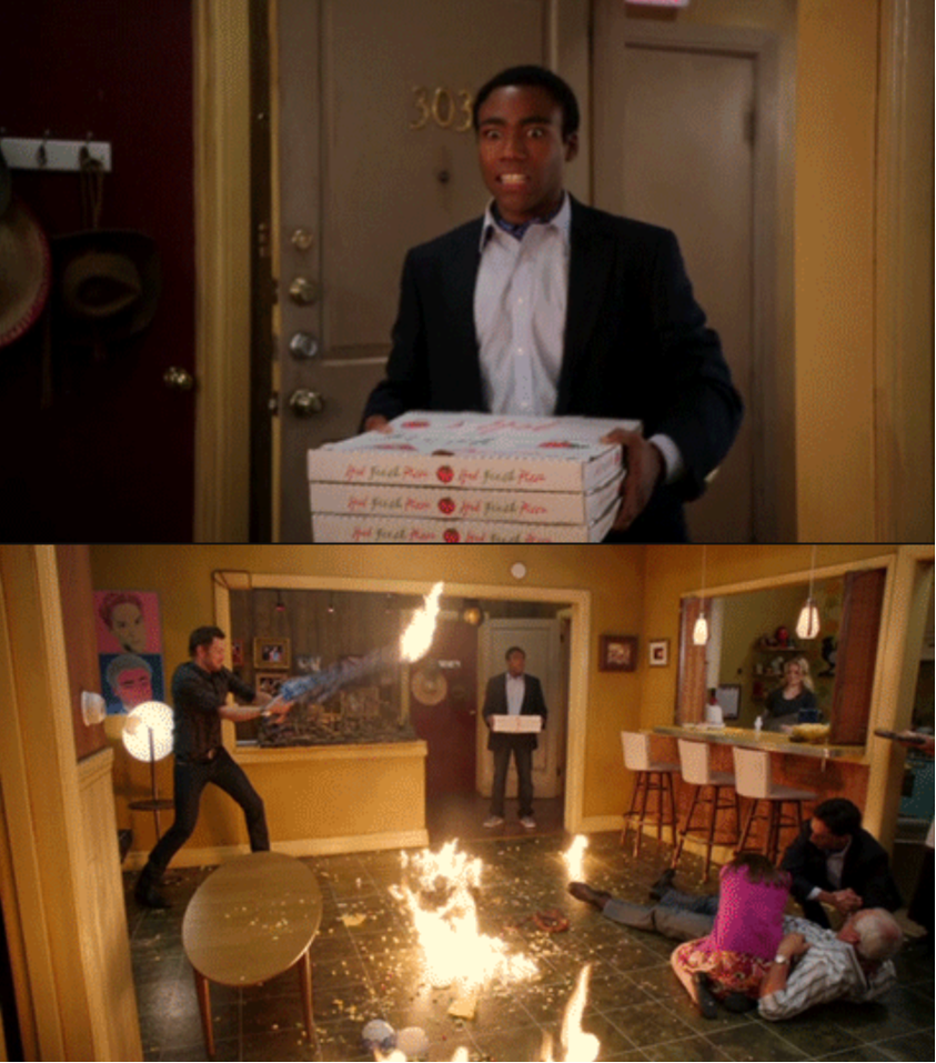 Blank Community Fire Pizza meme template with Troy entering a chaotic room