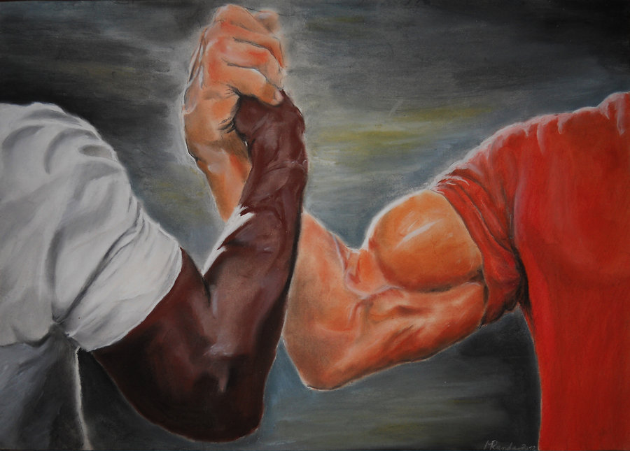 Blank Predator Handshake meme template with two muscular arms clasping
