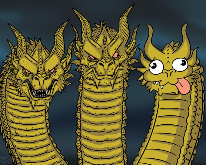 Blank Three Headed Dragon meme template with two fierce dragons and one goofy dragon